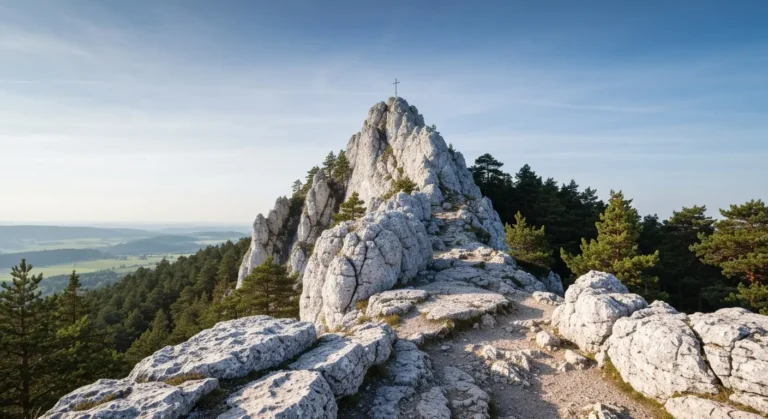 Wapienny ostaniec Gory Biaklo z krzyzem na grzbiecie wsrod jurajskich skal i sosnowego lasu kolo Olsztyna pod Czestochow