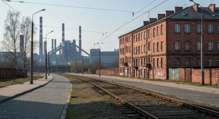 Ceglane kamienice i nasyp kolejowy dzielnicy Rakow w Czestochowie, w tle kominy Huty Czestochowa