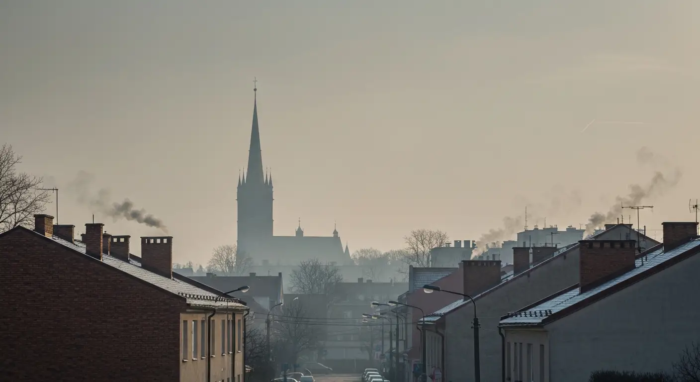 Zamglona panorama Czestochowy o swicie z wieza klasztoru Jasna Gora widoczna przez zimowy smog nad dachami kamienic i dy