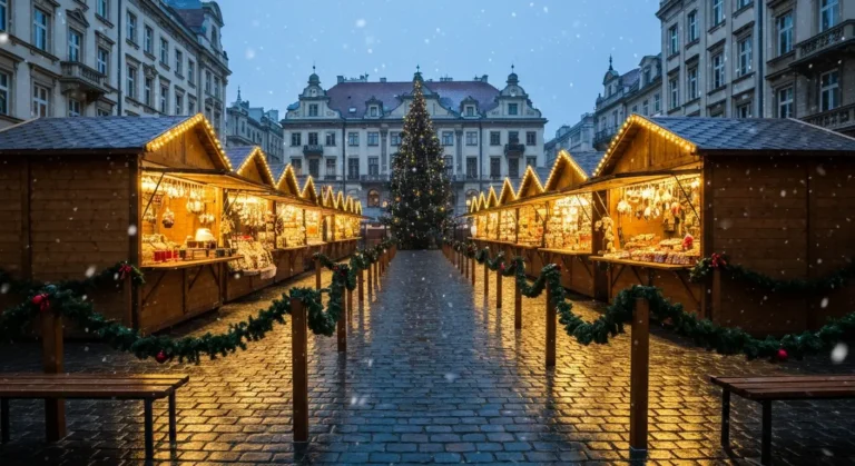Drewniane stoiska jarmarku bozonarodzeniowego z lampkami i choinka w centrum Czestochowy przy Alejach NMP o zmierzchu, p