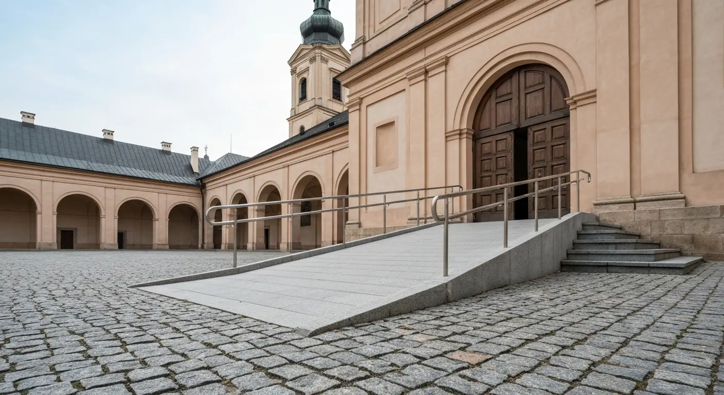 Kamienny podjazd dla wozkow prowadzacy do zabytkowego wejscia bazyliki na Jasnej Gorze w Czestochowie, brukowany dziedzi