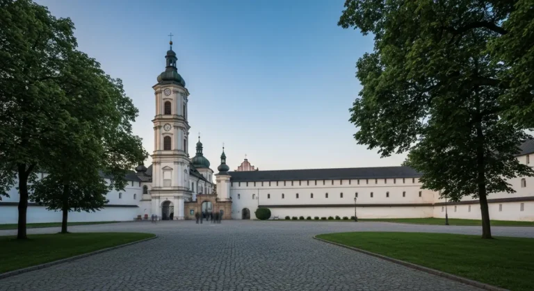 Klasztor i sanktuarium na Jasnej Gorze w Czestochowie z wieza i murami, widziany od strony parku w poranny dzien