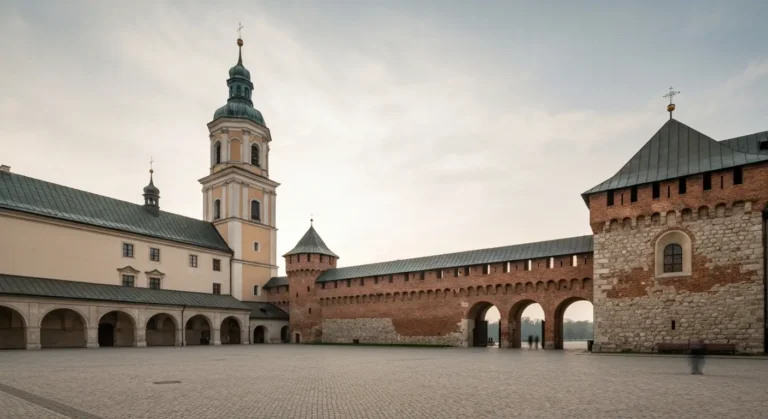 Wieza i mury klasztoru Jasnej Gory w Czestochowie o poranku, pusty dziedziniec sanktuarium