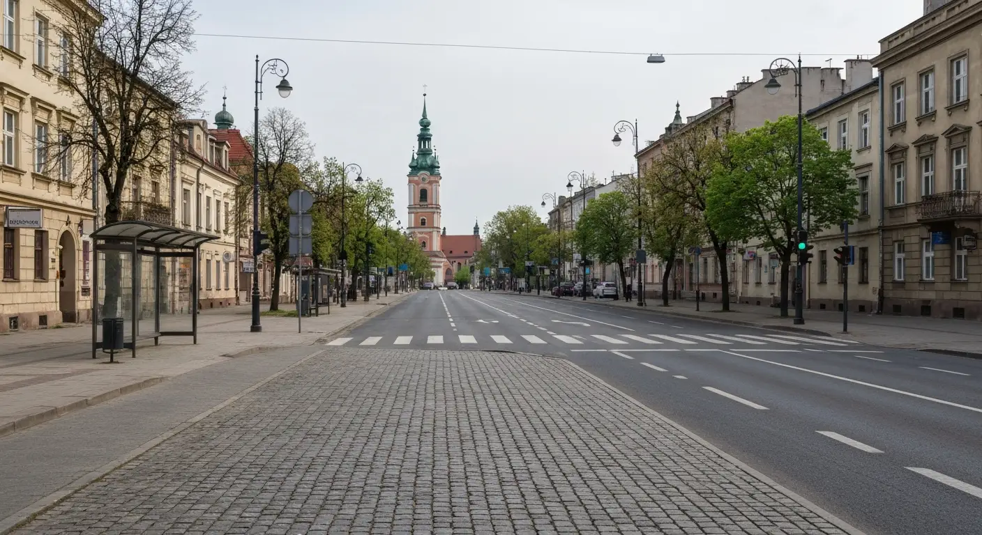 Aleja Najswietszej Maryi Panny w Czestochowie prowadzaca w strone wiezy klasztoru na Jasnej Gorze, z przystankiem i zaby