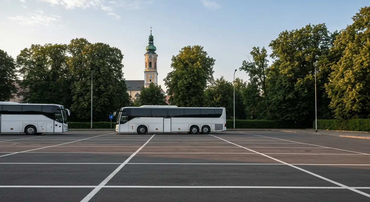 Autokar zaparkowany na wyznaczonym parkingu w poblizu wzgorza Jasnej Gory w Czestochowie, w tle wieza klasztoru o porank