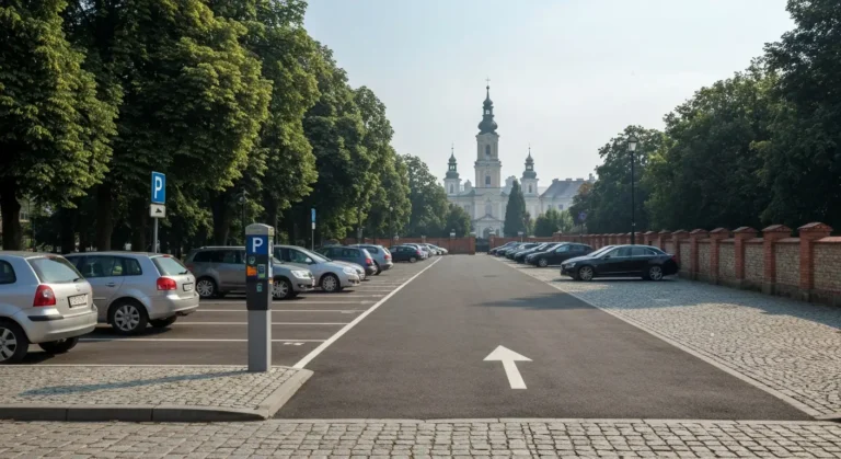 Parking dla samochodow w Czestochowie w poblizu klasztoru Jasna Gora, w tle wieza sanktuarium i chodnik prowadzacy do we