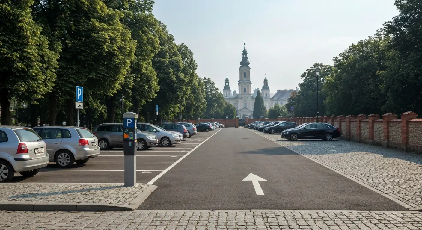 Parking dla samochodow w Czestochowie w poblizu klasztoru Jasna Gora, w tle wieza sanktuarium i chodnik prowadzacy do we