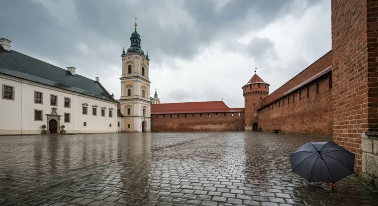 Kompleks klasztorny Jasnej Gory w Czestochowie w deszczowy dzien, mokry bruk dziedzinca i wieza bazyliki pod pochmurnym