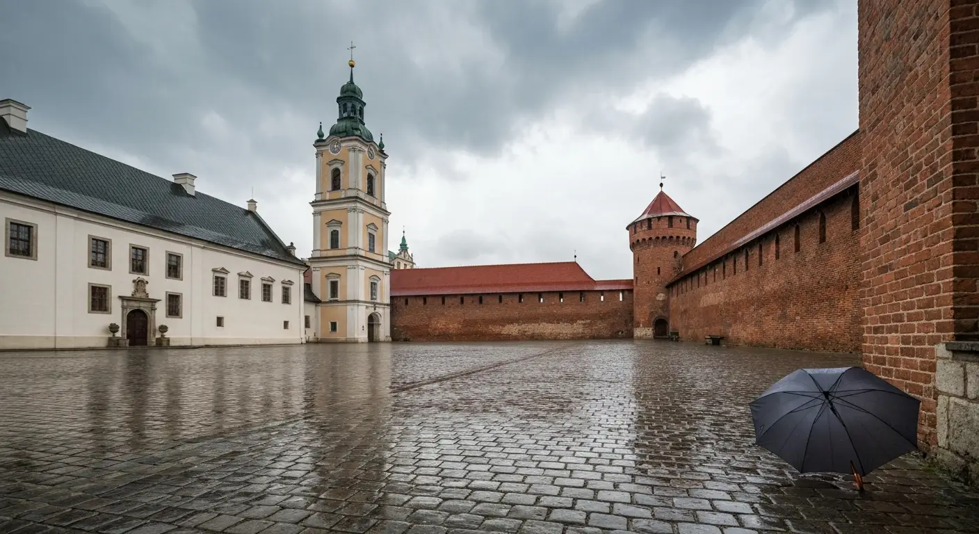 Kompleks klasztorny Jasnej Gory w Czestochowie w deszczowy dzien, mokry bruk dziedzinca i wieza bazyliki pod pochmurnym