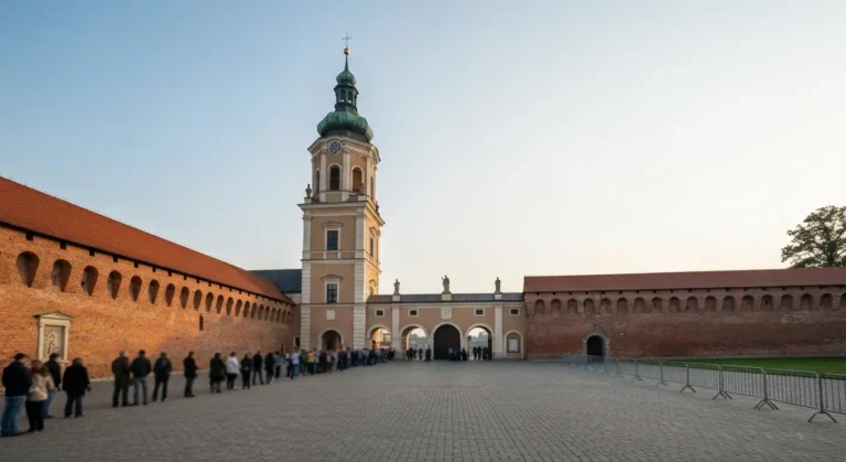 Wieza i mury klasztoru na Jasnej Gorze w Czestochowie, w oddali rozmyte sylwetki pielgrzymow i barierki porzadkowe w sez