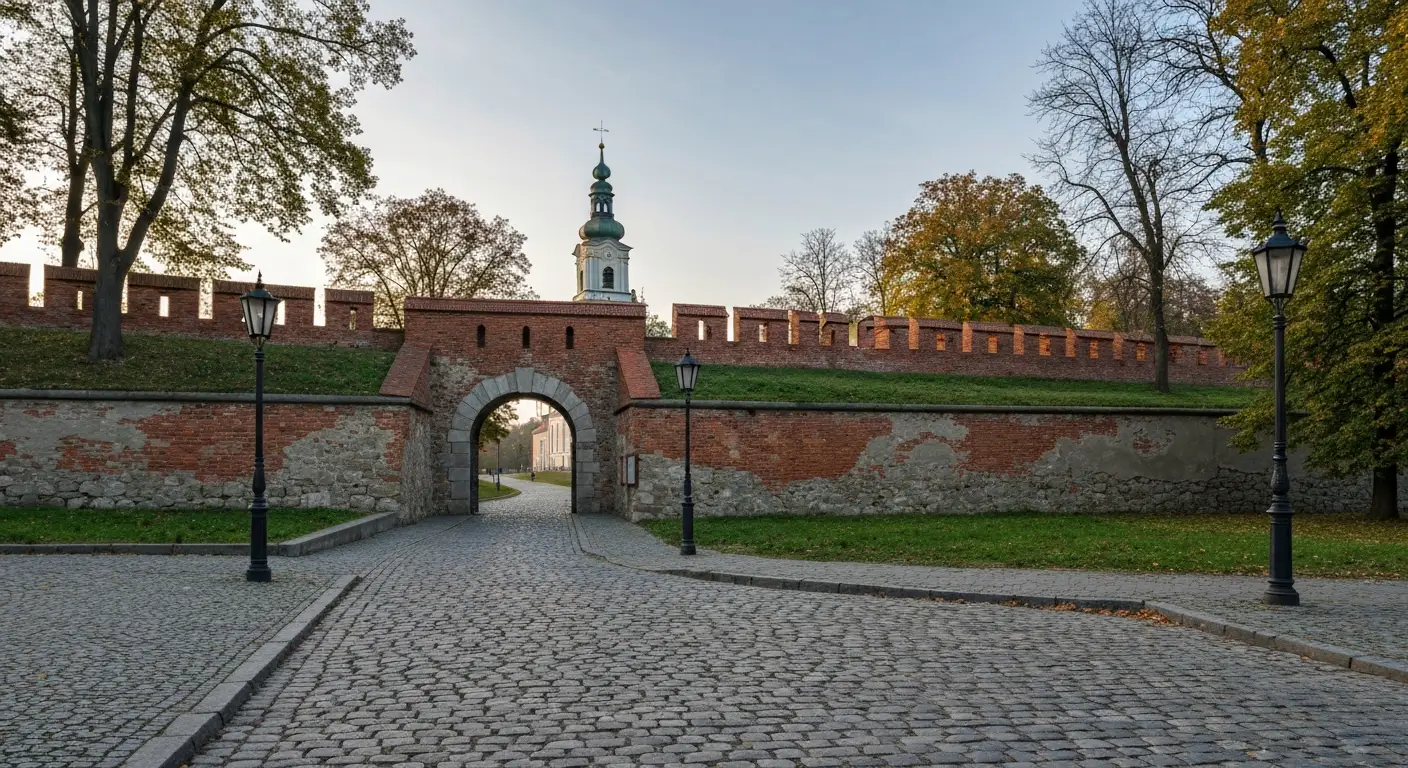 Zabytkowa brama i ceglane mury obronne prowadzace pod klasztor na Jasnej Gorze w Czestochowie, brukowana droga i wieza s