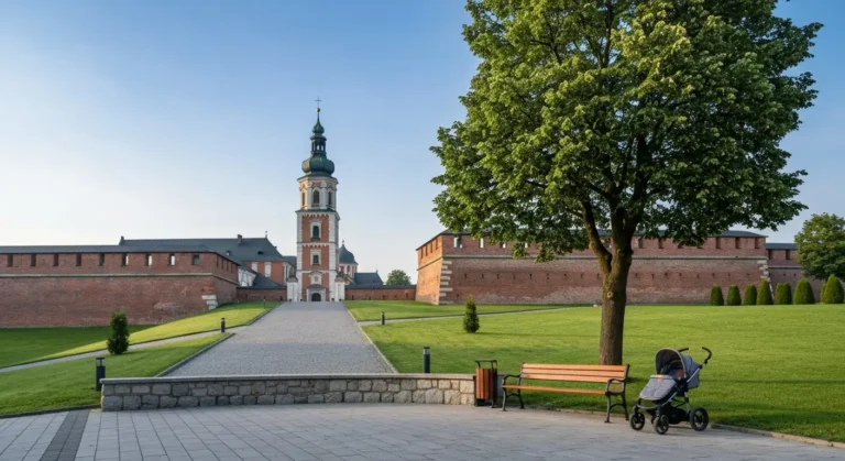 Wygodna brukowana trasa z drewniana lawka i wozkiem prowadzaca do klasztoru na Jasnej Gorze w Czestochowie w porannym sw