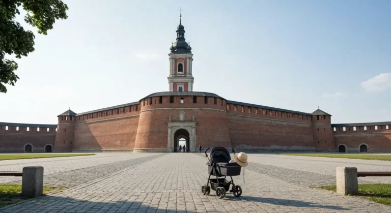 Wieza i ceglane mury klasztoru na Jasnej Gorze w Czestochowie, dziecięcy wozek i kapelusik na lawce przy bramie w natura