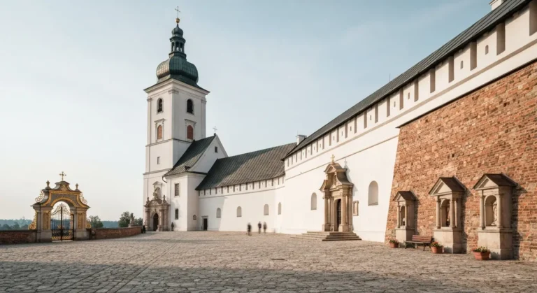 Wieza i mury klasztoru Jasna Gora w Czestochowie w naturalnym swietle dnia, widok na plac przed sanktuarium
