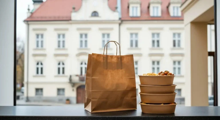 Papierowa torba i kartonowe pojemniki z jedzeniem na wynos na ladzie recepcji hotelu w centrum Czestochowy