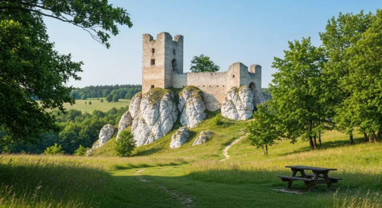 Ruiny zamku w Olsztynie kolo Czestochowy nad wapiennymi skalami Jury, lagodna sciezka i drewniana lawka na piknik wsrod