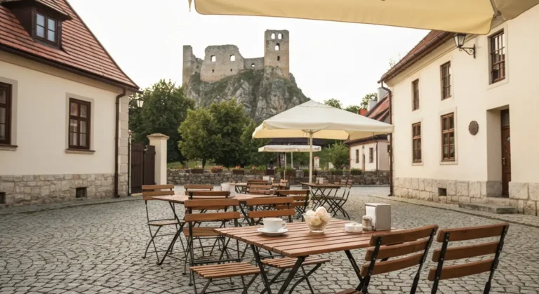 Kawiarniany stolik z kawa i lodami na rynku w Olsztynie kolo Czestochowy, w tle ruiny zamku na jurajskim wzgorzu