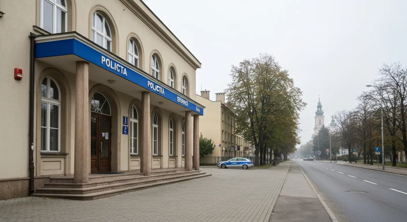 Budynek komisariatu policji przy szerokiej alei w Czestochowie z wieza Jasnej Gory w tle, radiowoz zaparkowany przed wej