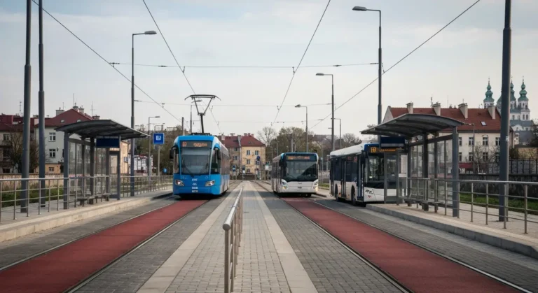 Tramwaj i autobus MPK na przystanku przy dworcu PKP w Czestochowie, w tle dachy kamienic i wieza Jasnej Gory