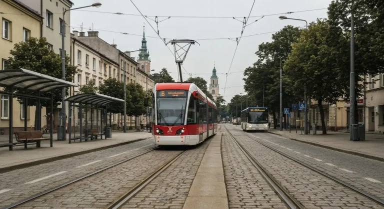 Nowoczesny tramwaj i miejski autobus na drzewiastej alei w Czestochowie, w tle wieza Jasnej Gory w porannej mgle.