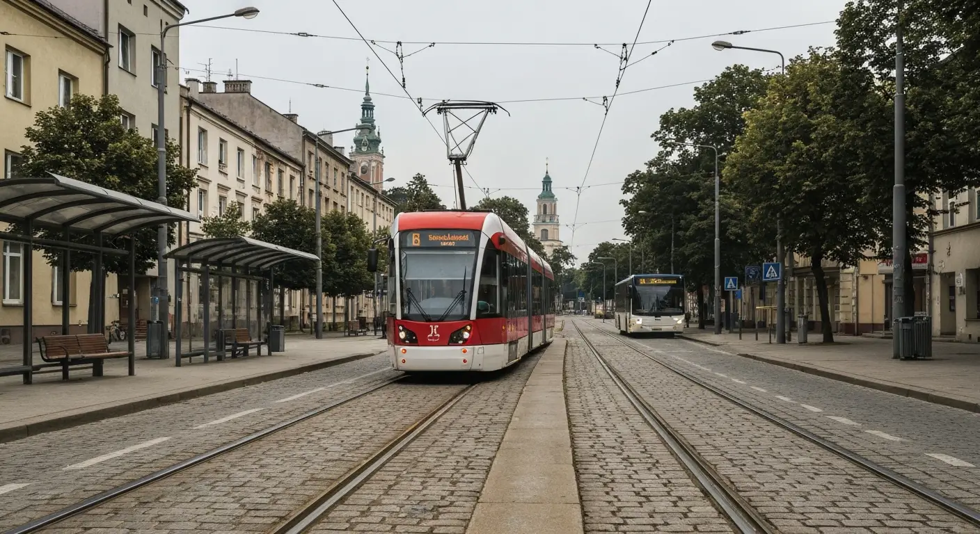Nowoczesny tramwaj i miejski autobus na drzewiastej alei w Czestochowie, w tle wieza Jasnej Gory w porannej mgle.