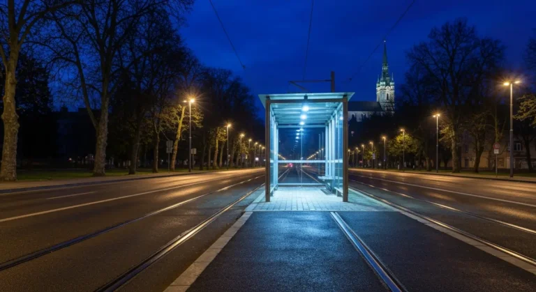Nocny oswietlony przystanek komunikacji miejskiej przy szerokiej alei w Czestochowie, mokre tory tramwajowe i wieza Jasn