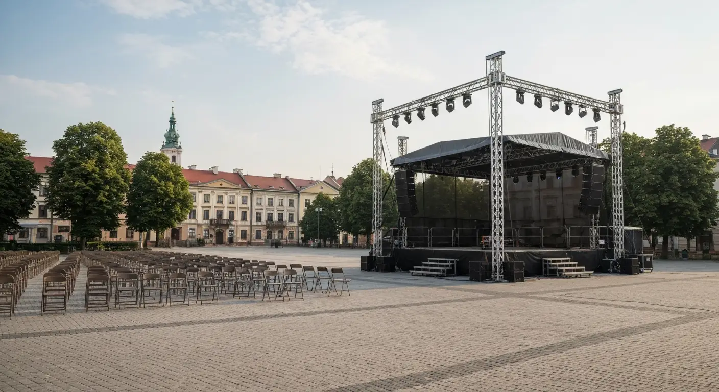 Letnia scena plenerowa na Placu Biegańskiego w Częstochowie z nagłośnieniem i rzędami krzeseł, w tle kamienice Alej NMP