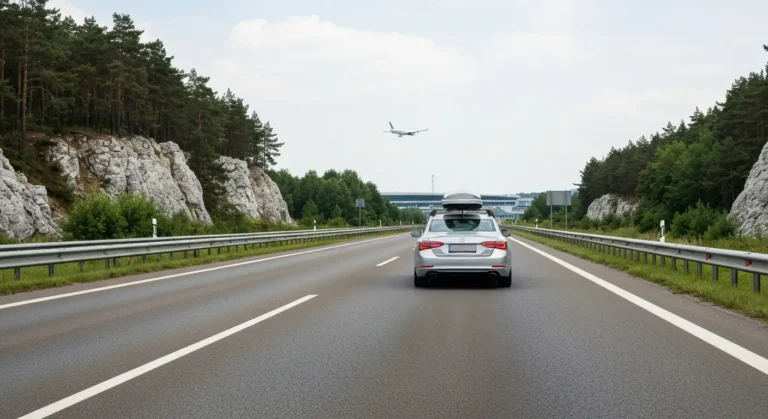 Samochod z bagaznikiem dachowym jedzie autostrada z Czestochowy w strone lotniska Krakow-Balice, w tle wapienne skaly Ju