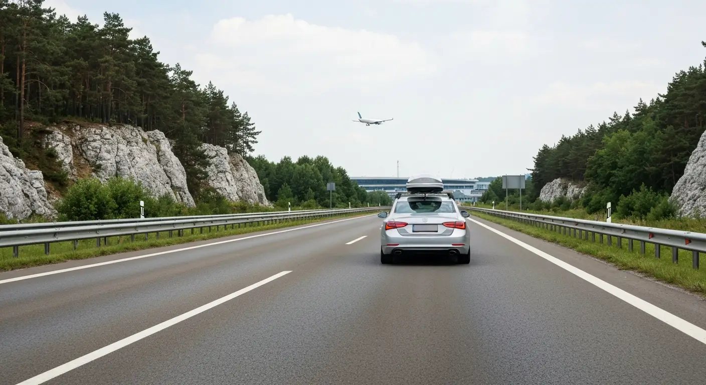 Samochod z bagaznikiem dachowym jedzie autostrada z Czestochowy w strone lotniska Krakow-Balice, w tle wapienne skaly Ju