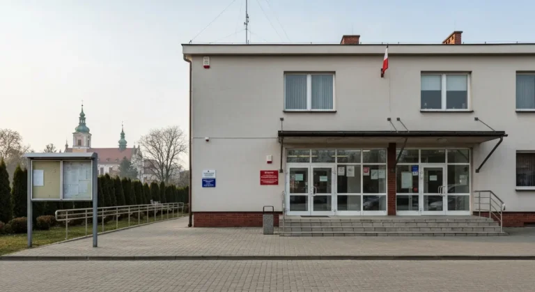 Skromny budynek miejskiego osrodka pomocy spolecznej w Czestochowie z podjazdem dla niepelnosprawnych, w tle wieza Jasne
