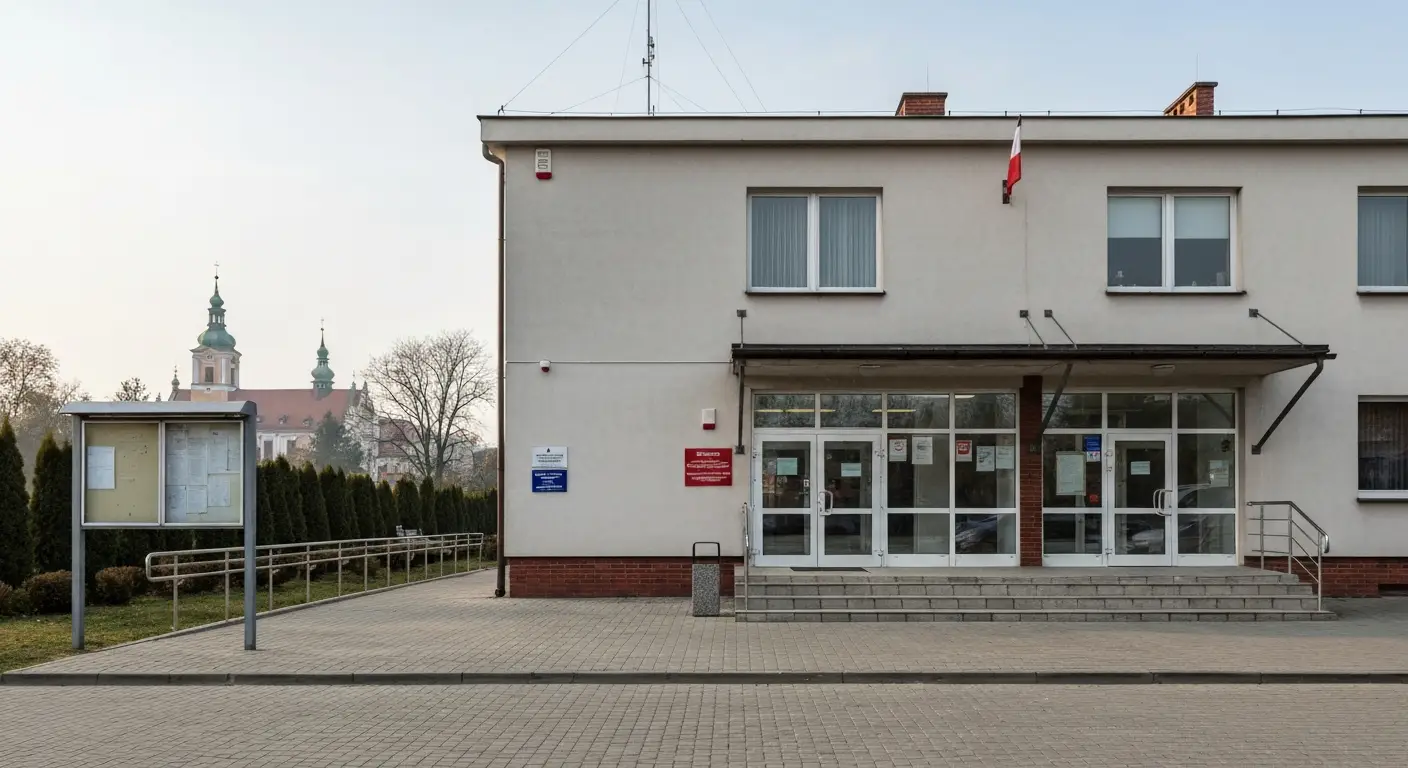 Skromny budynek miejskiego osrodka pomocy spolecznej w Czestochowie z podjazdem dla niepelnosprawnych, w tle wieza Jasne