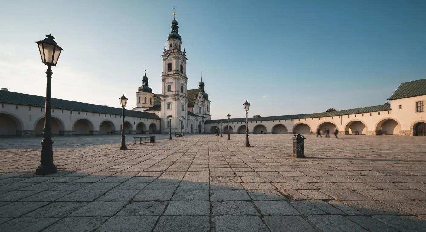 Wieza i mury sanktuarium na Jasnej Gorze w Czestochowie widziane z pustego placu w swietle dnia