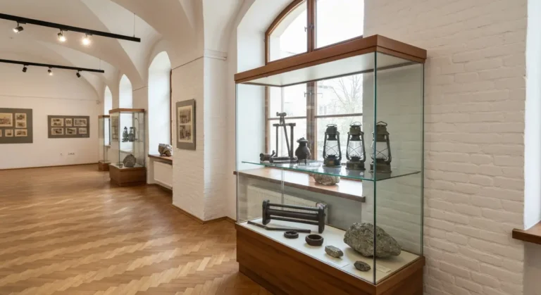 Wnetrze niewielkiego muzeum w Czestochowie - gablota z dawnymi narzedziami i lampami gorniczymi w naturalnym swietle.