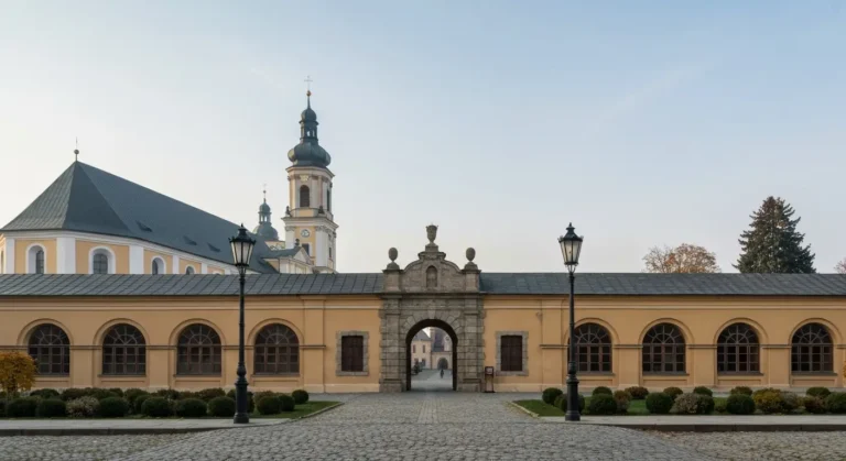Zabytkowy zespol klasztorny Jasnej Gory w Czestochowie z basztami, murami i wieza bazyliki w dziennym swietle