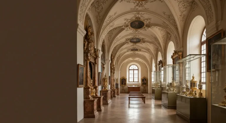 Wnetrze zabytkowego muzeum na Jasnej Gorze w Czestochowie - sklepiona sala ze skarbcem, gablotami i swiatlem z okna