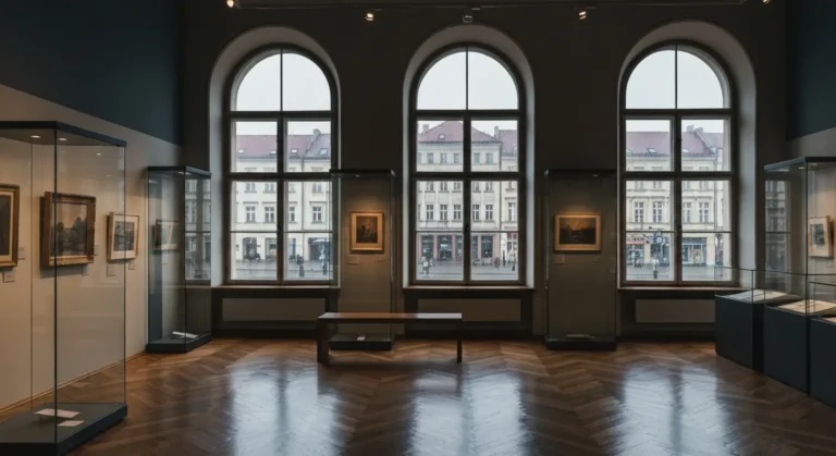 Wnetrze zabytkowego muzeum w Czestochowie w deszczowy dzien - gabloty i obrazy przy oknach zalanych deszczem, drewniana