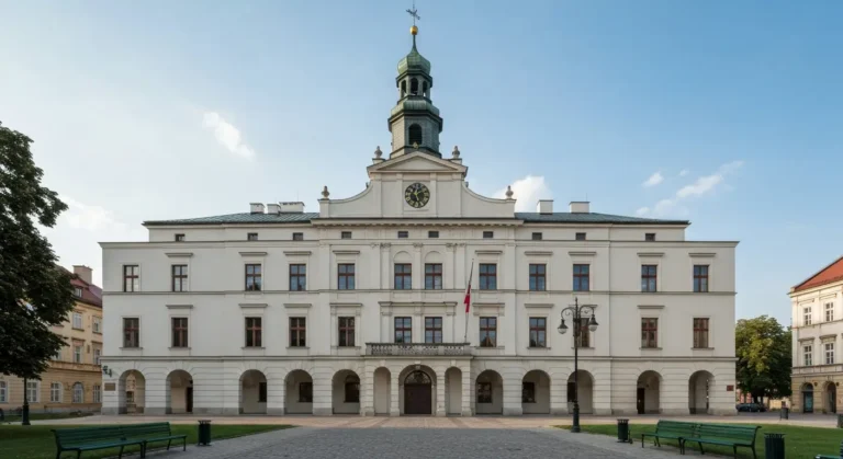 Zabytkowy neoklasycystyczny Ratusz przy Alei NMP w Czestochowie, siedziba Muzeum Czestochowskiego, z wieza zegarowa na t