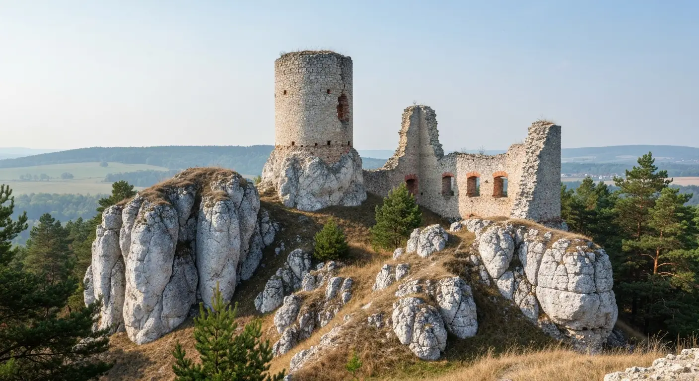 Kamienne ruiny zamku w Olsztynie kolo Czestochowy na wapiennym wzgorzu Jury, wsrod skalek i sosen w naturalnym swietle d