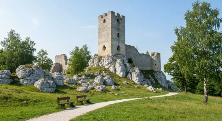 Ruiny zamku w Olsztynie kolo Czestochowy na wapiennej skale, w dole lagodna sciezka spacerowa z drewniana lawka wsrod zi