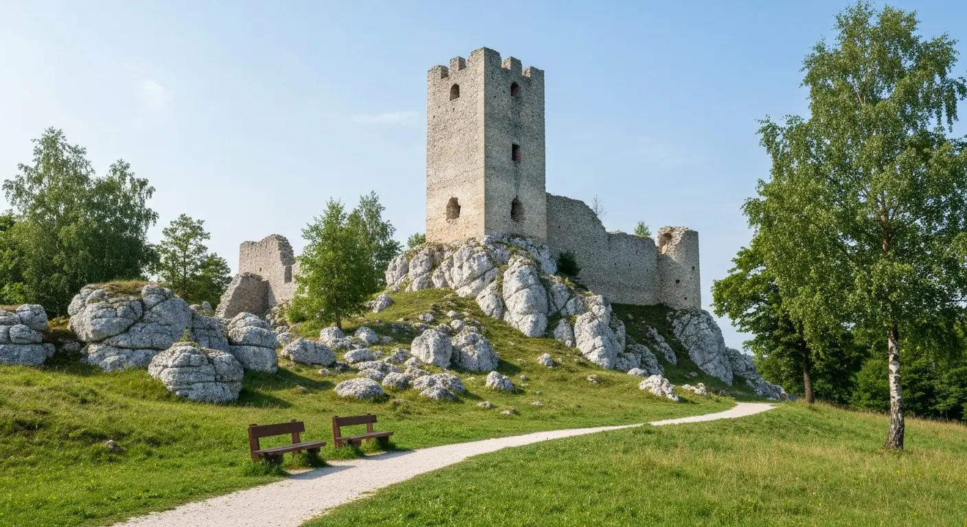 Ruiny zamku w Olsztynie kolo Czestochowy na wapiennej skale, w dole lagodna sciezka spacerowa z drewniana lawka wsrod zi