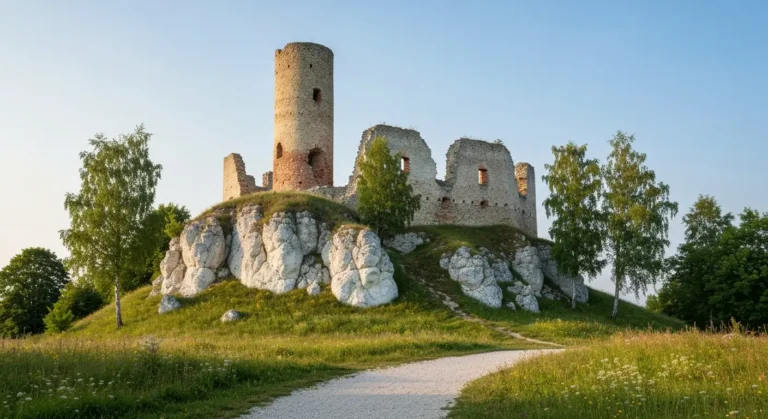 Wapienne ruiny zamku w Olsztynie kolo Czestochowy z kamienna wieza na skalnym wzgorzu Jury, sciezka i zielen w tle.