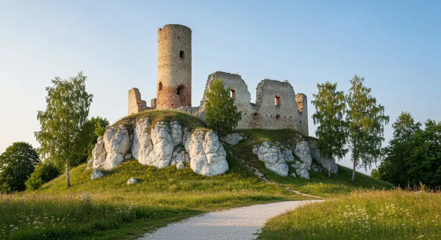 Wapienne ruiny zamku w Olsztynie kolo Czestochowy z kamienna wieza na skalnym wzgorzu Jury, sciezka i zielen w tle.