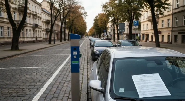 Parkometr i zawiadomienie za wycieraczka samochodu zaparkowanego przy alei w strefie platnego parkowania w Czestochowie