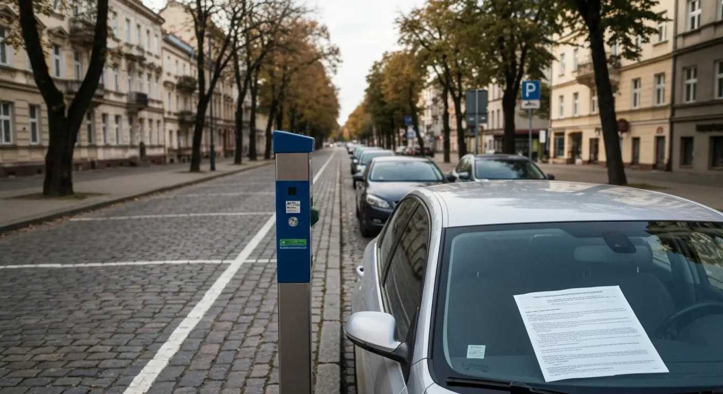 Parkometr i zawiadomienie za wycieraczka samochodu zaparkowanego przy alei w strefie platnego parkowania w Czestochowie