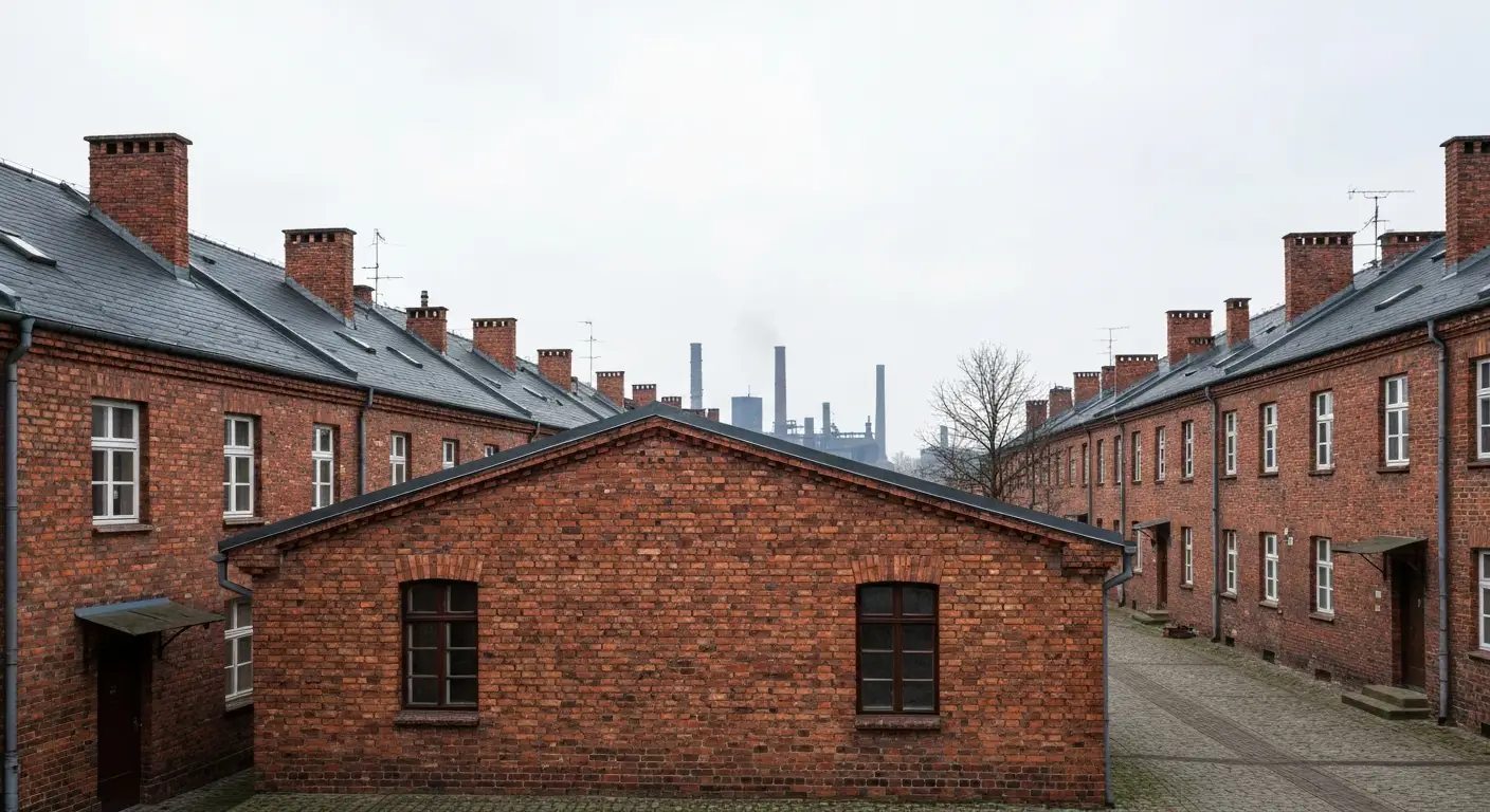 Ceglane familoki robotniczego osiedla Raków w Częstochowie, domy hutników i brukowany dziedziniec z sylwetką huty w tle