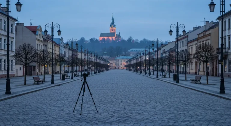 Wieza klasztoru na Jasnej Gorze na koncu osi Alej NMP w Czestochowie o zmierzchu, statyw na bruku na pierwszym planie