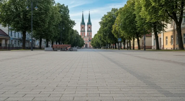 Szeroka aleja w centrum Czestochowy z widokiem na wieze Jasnej Gory, rowny chodnik, lawka i maly rowerek biegowy w rodzi