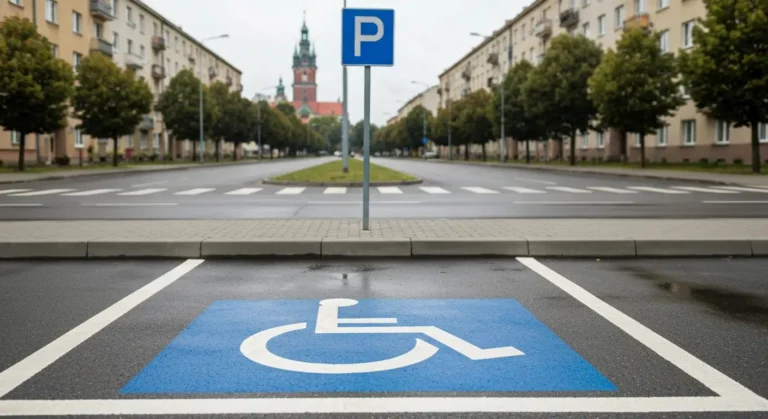 Puste miejsce parkingowe dla osob z niepelnosprawnosciami z niebieskim symbolem wozka na asfalcie przy alei w centrum Cz