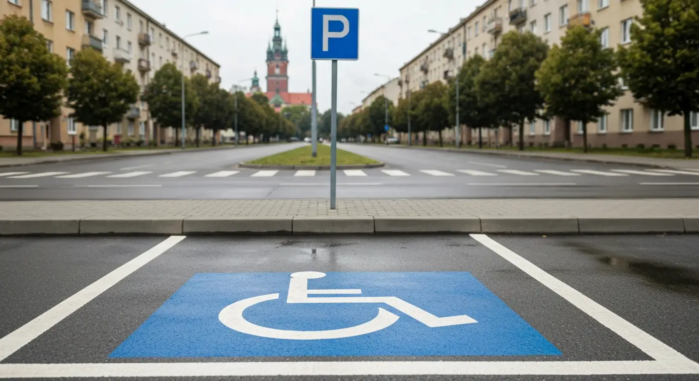 Puste miejsce parkingowe dla osob z niepelnosprawnosciami z niebieskim symbolem wozka na asfalcie przy alei w centrum Cz