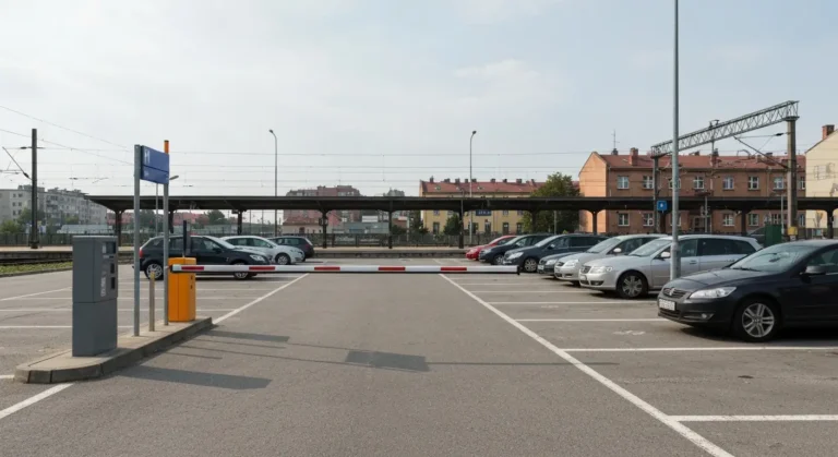 Parking z zaparkowanymi samochodami przy dworcu kolejowym w Czestochowie, w tle peron i siec trakcyjna